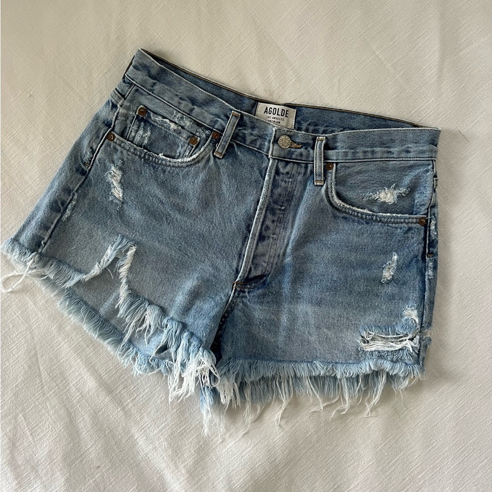 Agolde Blue Distressed Jean Shorts 28